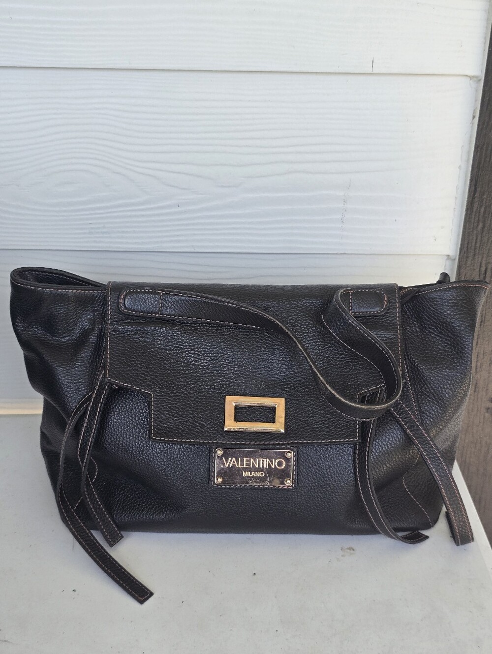 Valentino Mario Valentino Black Leather Shoulder Tote Bag Gold Hardware Italy